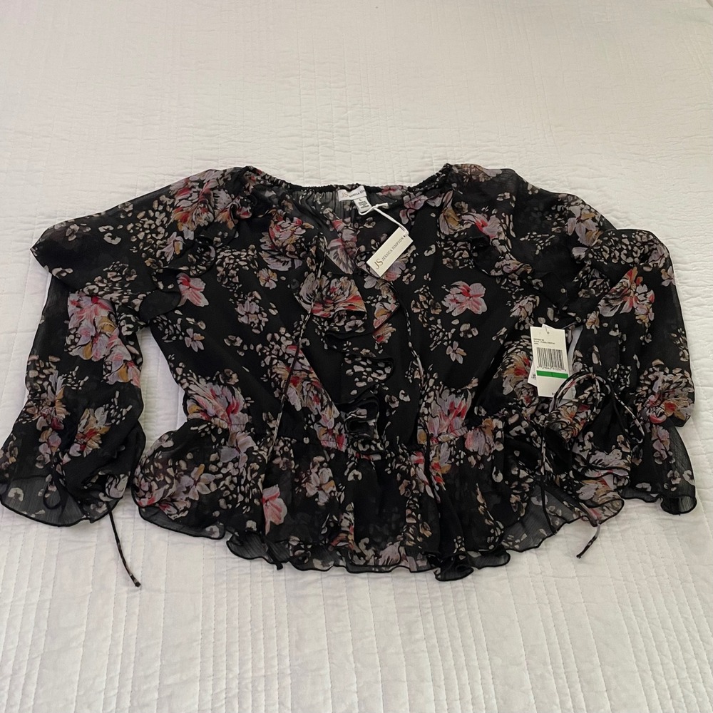 Jessica Simpson Aura Blouse Black Floral Cheetah Ruffle Tie V-Neck Top Large NWT